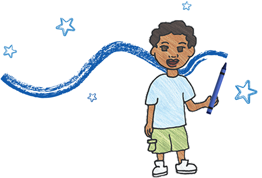 Graphic of a cartoon boy  holding a realistic image of a crayon. Behind is a wave that implies the boy drew it with the crayons and stars of different shapes drawn to look like it was done by a crayon.