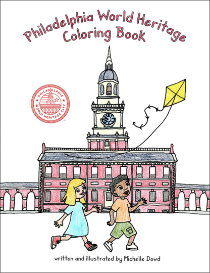 Digital graphic of  a coloring book cover displaying a cartoon boy and girl running after a kite in front of a drawing of the Independence Hall