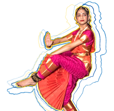 Photo of Bharatnatyam dancer. She is wearing a colorful orange and pink cultural outfit.